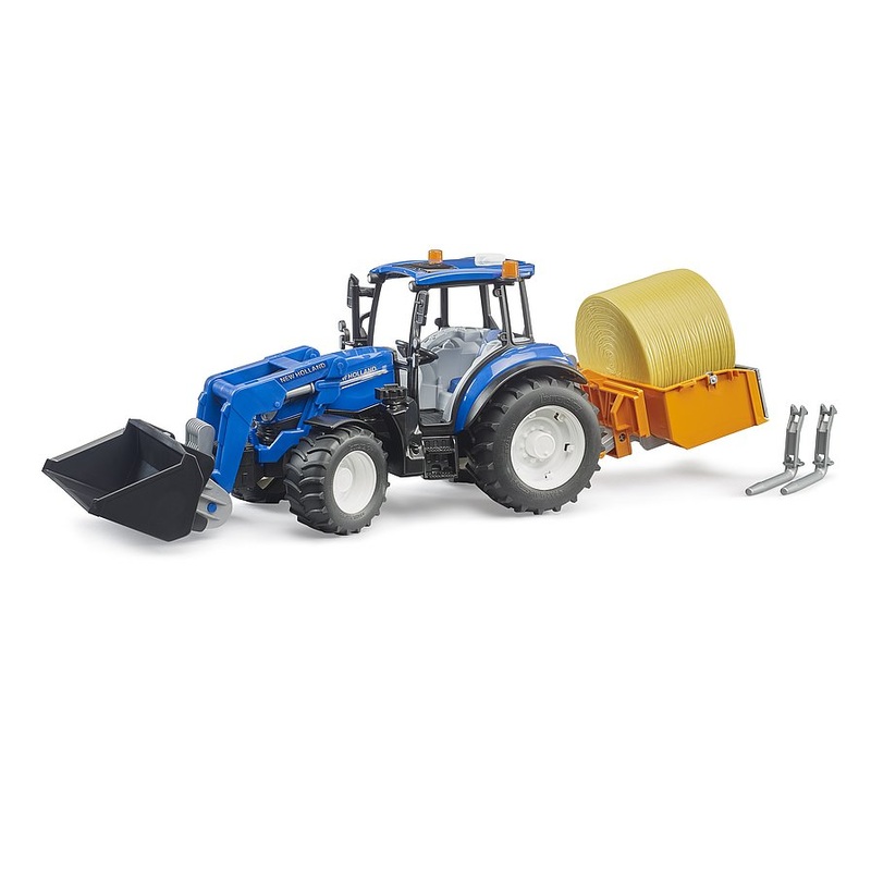 B02187 Bruder New Holland T5.120 with front loader, load box, forks and round bales