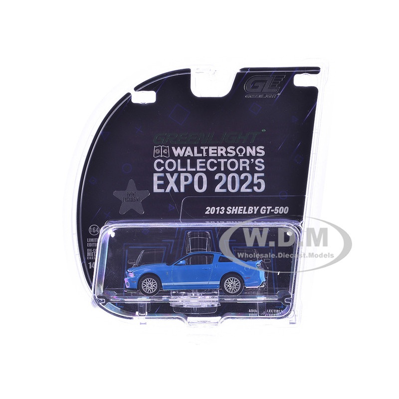 2013 Shelby GT-500 Blue with White Stripes 2025 Greenlight Waltersons Collector's Expo Exclusive 1/64 Diecast Model Car by Greenlight