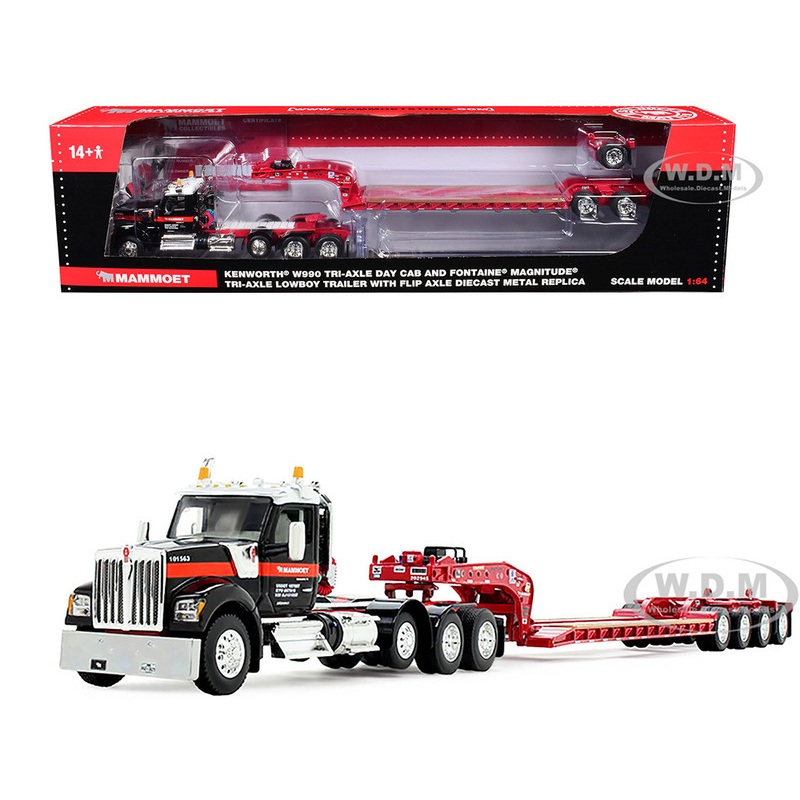 Kenworth W990 Heavy Haul Day Cab and Magnitude Tri-Axle Lowboy Trailer with Flip Tail Mammoet Black and Red 1/64 Diecast Model by DCP/First Gear